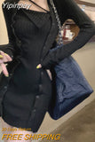 Yipinpay Bodycon Knitted Dress Casual Woman Pure Color One Piece Dress Korean Fashion 2023 Autumn Elegant Sexy Y2k Mini Dress Woman