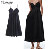 Yipinpay Women Fashion Pleated Poplin Midi Dress Vintage Backless Elastic Side Zipper Thin Solid Female Dresses Vestidos