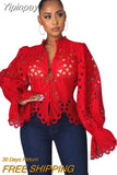 Yipinpay African Shirts For Women 2023 New Elegant Long Sleeve Hollow Out Mesh Lace Shirt Sheer See Through Top Blouse Clothing