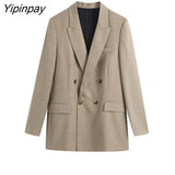 Yipinpay Women New Autumn Blazer Pant Sets 2023 Long Sleeve Office Outfits Coat Double Breasted Jacket Zipper Trouser Outwear