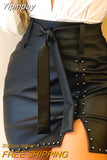 Yipinpay for women PU Leather Slit Beaded Tied Detail mini Skinny Slit Skirt women's bottom y2k clothes 2023 new fashion