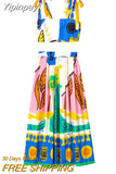 Yipinpay Printed Long Skirts For Women Fashion 2023 Pleated Midi Skirt Woman High Waist Skirt Sets Streetwear Summer Beach Skirt