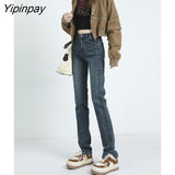 Yipinpay High Waist Stretch Split Straight Skinny Jeans Woman Casual Korean Denim Pants