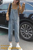 Yipinpay Retro Dark Blue Overalls Jeans for Women's Korean Fashion Denim Romper Jumpsuit Summer Loose Size High Street Baggy Trousers