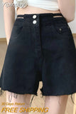 Yipinpay Fashion Women's Denim Shorts High Waisted For Summer Solid Raw Edge Korean Version Casual Hollow Out Wide Leg Jean Pants