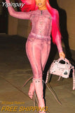 Yipinpay Faux Denim Printed Leggings Outfits Sexy O Neck Zipper Tops And Tight Trousers Suit 2023 High Street Spice Girls Wear