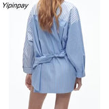Yipinpay Women Asymmetrical Striped Blouses Shirt Spring Causal V-Neck Long Sleeved Patchwork Tops With Lace Fashion T-Shirts