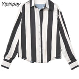 Yipinpay Fashion 2023 Autumn Women Striped Print Blouses Casual Loose Thin Tops Vintage Single Breasted Long Sleeve T-Shirts