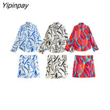 Yipinpay New Summer Elegant 2 Piece Printed Skirt Set Vintage Soft Turn Down Collar Long Sleeve Female Casual Skirt Lady Suit