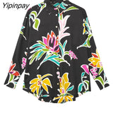 Yipinpay Fashion Women Floral Print Blouses 2023 Casual Turn Down Collar Loose Tops Vintage Single Breasted Long Sleeve T-Shirts