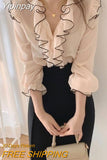 Yipinpay Mujer 2023 Ruffle V Neck Flare Sleeve Shirts Korean Sweet Clothes Chic Top Slim Chiffon Shirts Camisa Women Blouse