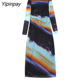Yipinpay 2023 Spring Summer Printed Tulle Dresses Vintage Elegant Party Sheath Mid-Calf Dress Long Sleeve O-neck Vestidos