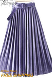yipinpay Autumn Winter Skirt Women With Belt Long Metallic Silver Maxi Pleated Skirt Midi High Waist Fashion Vintage Saia Party
