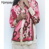 Yipinpay Women Chain Print Blouses 2023 Summer Casual Turn Down Collar Loose Tops Fashion Single Breasted Shirts