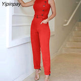 Yipinpay Solid Color Button Design Jumpsuit 423