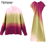 Yipinpay Summer Women Fashion Tie-Dyed Shirts And Dress 2023 Long Sleeve Single Breasted Blouse Sleeveless Dress Casual Outwear