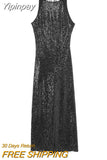 Yipinpay Black Sequin Dress Woman Halter Glitter Long Dress Women Off Shoulder Elegant Party Dresses Sexy Cocktail Evening Dresses
