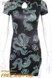 Yipinpay Summer Chinese-style Dragon Print Cheongsam Dress Women Slim Split One-piece Dress Vintage Clothes