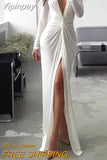 Yipinpay New Plus Size Solid Color Dress Female Summer Fashion Sexy Slit V-neck Long-sleeved Solid Slim Pleated Dress