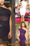 Yipinpay Size 2023 Summer Sexy Dress Women Party Fits Fashion Lace Dress See Through Bodycon One-Shoulder Mini Dresses + T-back Free