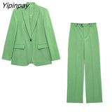 Yipinpay New Women Fashion Blazer Suit 2023 Female Spring Autumn Office Outfits Pockets Jackets Wide Leg Trousers High Street Wear