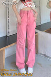 Yipinpay Waist Pink Women Jeans Clothing All-match Vintage Korean Fashion Streetwear Spring Autumn Wide Leg Denim Trousers Female