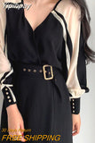 Yipinpay French Vintage Dress Women Belt Sexy Elegant Office Ladies V-neck Dresses Patchwork Casual Stylish Long Sleeve Vestido