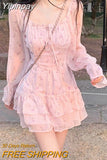 Yipinpay Summer Pink Floral Y2k Mini Dress Woman Sweet One Piece Dress Korean Fashion Chiffon Long Sleeve Short Party Dress Beach