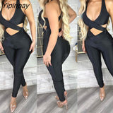 Yipinpay Women Solid Cris Cross Elegant Halter Sexy V Neck Bodycon Black Sexy Jumpsuit