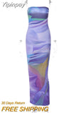 Yipinpay MO Elegant Summer Tie-dye Print Strapless Off Shoulder Midi Sexy Dress For Women Beach Holiday Backless Slim Ladies Robe