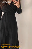 Yipinpay Piece V Neck Slim Bandage Waist High Black Pleated Dress Women Long Wild Sexy Knit Dress Casual Sweater Autumn Solid Retro