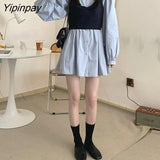 Yipinpay Autumn Women Clothing Solid Cute Dress Sets 2 Pieces Tunic Camisole + Dress Sweet Puff Sleeve for Girl