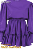 Yipinpay Lantern Sleeve Vintage Dress Long Sleeve O-Neck Casual Women Ruffle Dress Short Mini Pleated A-Line Frill Dress Lady