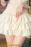 Yipinpay Kawaii Lolita Skirt Shorts Women Ruffle Patchwork Layered High Waist Cute Balletcore Mini Skirt Tutu Petticoat Summer
