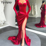 Yipinpay Women Solid Elegant Glamourous Shirring Silt Long Finger Cover Sleeves Maxi Mermaid Bodycon Party Formal Red Flannel Dress