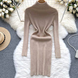 Yipinpay Full Sleeve Slim Knitted Pencil Dress Female Casual Pullover Turtleneck Sweater Bodycon Dress Ladies Autumn Winter