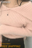 Yipinpay Elegant Sexy Mink Cashmere Off Shoulder Pink Sweaters for Women Sueter Mujer Fleece Crop Tops Slim Mohair Korean Fashion