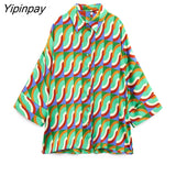 Yipinpay 2pcs Women Geometric Print Pant Shirt Sets 2023 Summer Long Sleeve Turn Down Collar Blouse+Wide Leg Trouser Causal Outwear