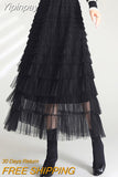 Yipinpay Solid Color Cake Long Skirt Mesh Puffy Women Sexy Korean Floor Length Party Skirts Loose Elastic Female Ball Gown Summer