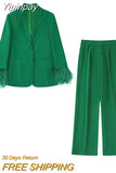 Yipinpay Green Blazer Woman Feather Casual Blazer For Women 2023 Autumn Long Sleeve Office Elegant Womens Jacket Fashion Female Suit