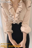 Yipinpay Mujer 2023 Ruffle V Neck Flare Sleeve Shirts Korean Sweet Clothes Chic Top Slim Chiffon Shirts Camisa Women Blouse