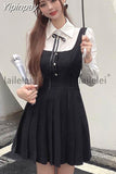 Yipinpay Ruched Mini Dress Shirt Puff Long Sleeve Lolita Vestidos Cortos A-Line Kawaii Party Black Korean Cute 2023 Spring Fall