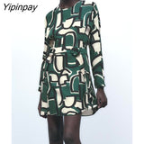 Yipinpay New Spring Summer Women Print Dresses 2023 With Belt Fashion Elegant O-neck Dresses Long Sleeve Mini Street Vestidos