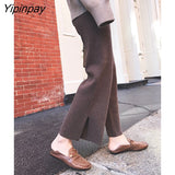 Yipinpay Autumn/Winter Women Pants Warm High Waist Loose Knitted Wide Leg Pants Baggy Side Slit Casual Pants Female