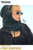 Yipinpay Women Y2K Retro Goth Hooded Scarf Hats Solid Color Knitted Pullover Drawstring Balaclava Winter Warm Hat Beanie Cap