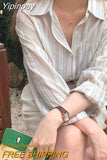 Yipinpay Oversize Women Shirts Long Sleeve Vintage Striped Harajuku Office Ladies Shirts Summer Cotton Thin Tops New