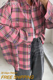 Yipinpay Pink Plaid Shirts And Tops Women Street Wear Gingham Casual Long Sleeve Top Single-Breasted Oversize Shirt Ladies