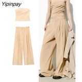 Yipinpay Fashion Women Solid Pant Sets 2023 Spring Summer Strapless Tops Women High Waiste Casual Zipper Wide Leg Pants Set