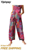 Yipinpay Women Casual Floral Print Strappy Dungarees Vintage Cotton Linen Loose Party Long Harem Overalls Rompers Jumpsuits