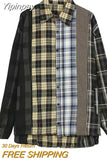 Yipinpay Vintage Patchwork Plaid Shirt Women Cardigan Top Grunge Korean Style Long Sleeve Loose Button Up Shirt Casual Streetwear